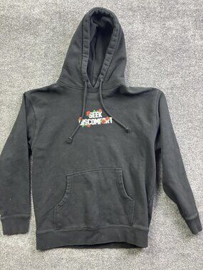 Seek Discomfort Hoodie Mens Medium Black Pullover Fleece Sweatshirt Rose Graphic